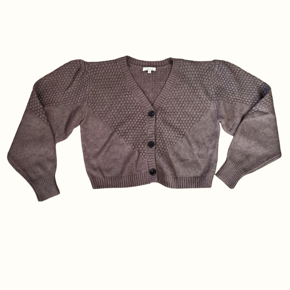 EUC White Birch cropped cardigan, bubble sleeves, knit, hot chocolate, size XL - Picture 7 of 13